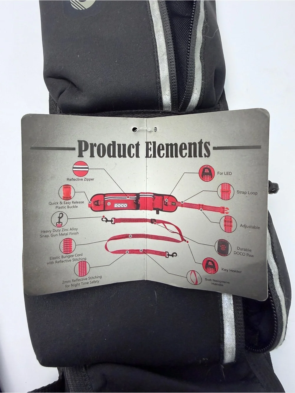 DOCO Hands Free Dog Walking Belt Leash Waist Pack LED Reflective Black